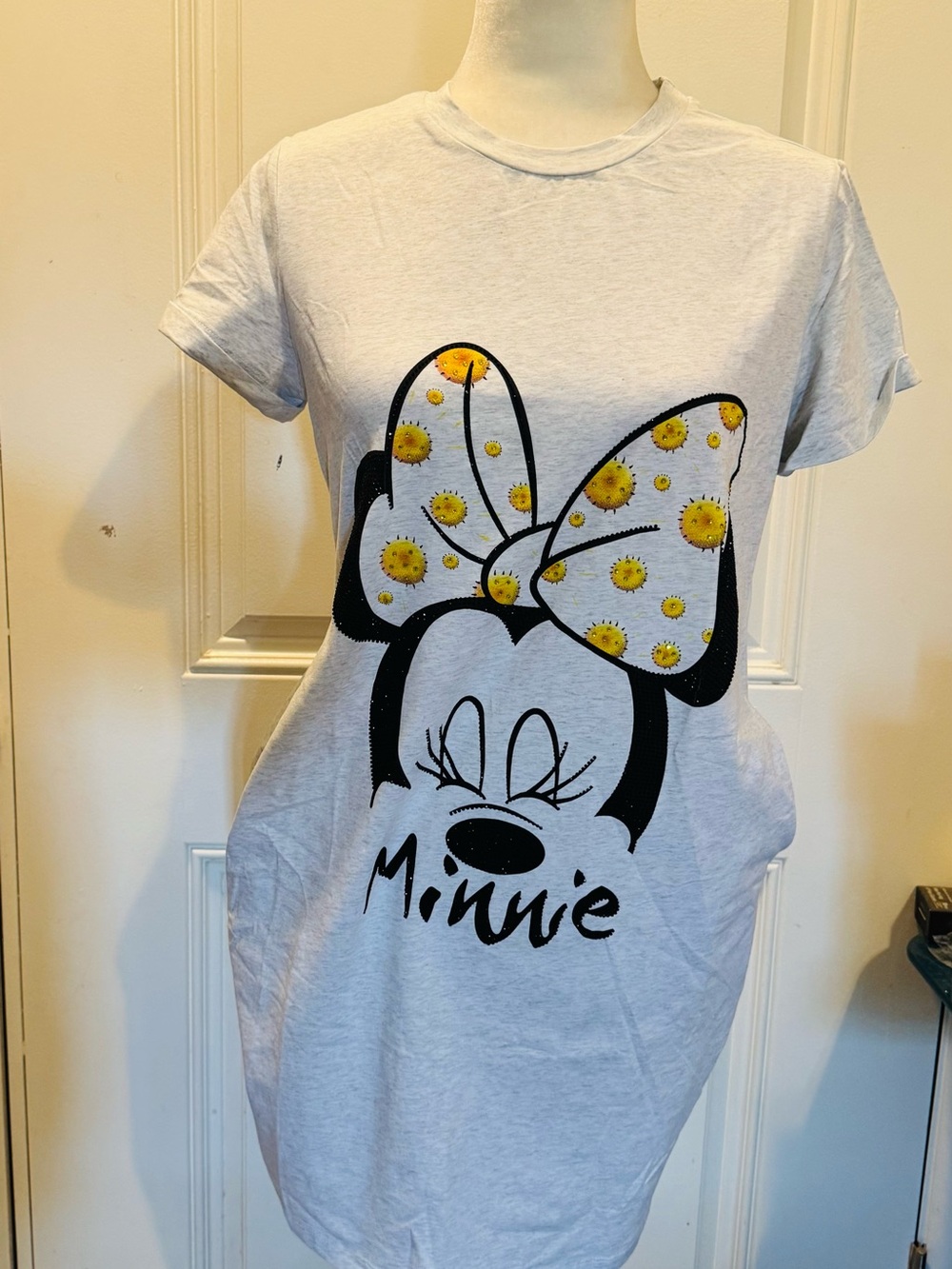 Minnie Graphic Tee for women- Light Gray with Yellow Bow size Small